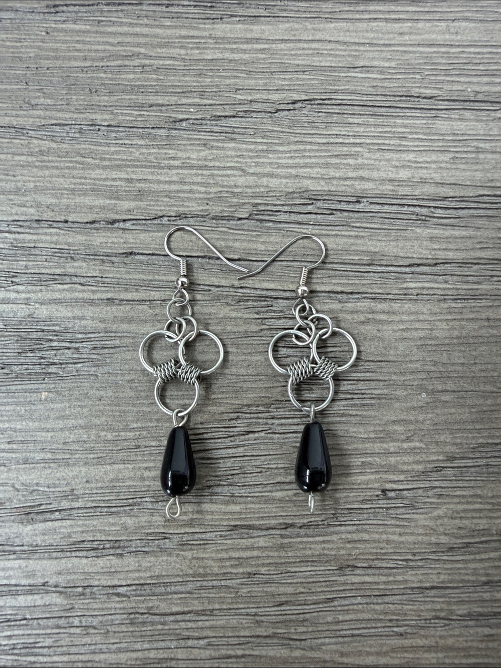 Handmade Silver Chainlink Earrings with Black Teardrop Beads